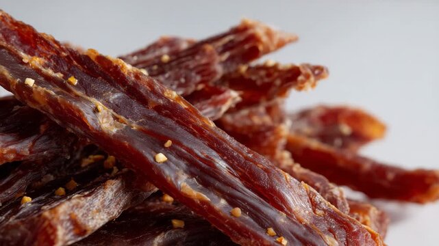 Macro composition of dried meat shavings, highlighting rough edges, dried grain patterns, and rich coloration contrasted with bright white negative space.