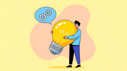 Young professional man holding a giant glowing light bulb with gear symbols representing creative problem solving innovation business strategy and technical productivity at work