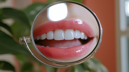 Close-Up View of Smiling Lips and Healthy Teeth Through Magnifying Glass