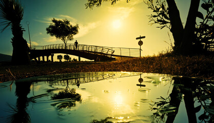 Bridge Reflection On Water At Sunset