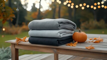 Cozy Autumn Scene with Sweaters and Pumpkin on Wooden Table