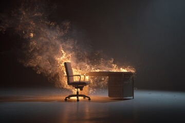 Office chair and desk burning in a dark room, symbolizing job burnout and stress