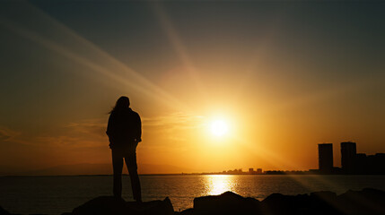 Lonely Figure Watching Sunset By The Sea at Sunset