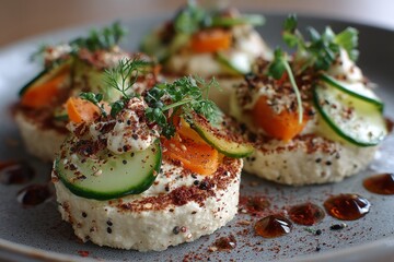 Hummus canapes arranged on a grey plate with cucumber, carrot slices, and various spices