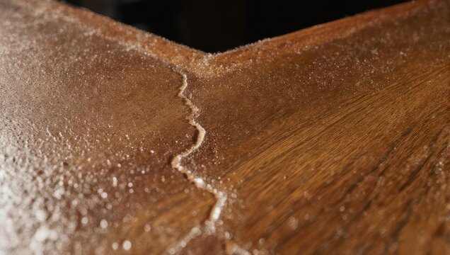 Close-up of a cracked wooden surface with a winding line of white substance.