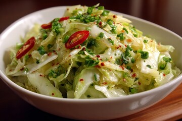 Napa cabbage salad serving with chili and chives on a white bowl