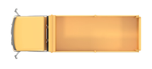 A clean, overhead perspective of an empty yellow flatbed truck, showcasing its cargo area and cabin, perfect for logistics and transportation concepts