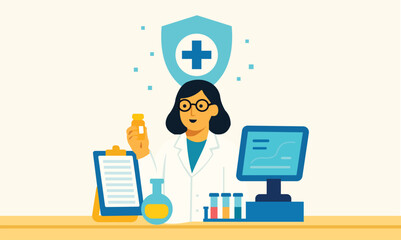 Female pharmacist or scientist in lab coat holding medicine bottle, working with computer, clipboard, and test tubes, representing healthcare, pharmacy, and medical research concept