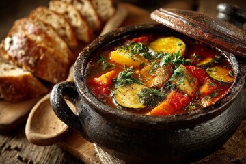 Vegetable stew simmering in a traditional clay pot beside slices of whole grain bread