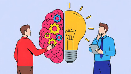 Business professionals collaborating on creative strategy and problem solving with a giant brain and glowing light bulb featuring gears representing digital innovation and teamwork