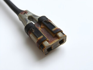 A black and brown cord with a yellowish brown spot on it