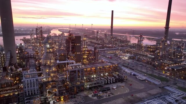 Aerial view of chemical plant at sunset. Drone shot. Billowing steam from smoke stack filling sky. Smoking chimneys from factory. Chimneys of big oil refinery at sunrise polluting environment. Night