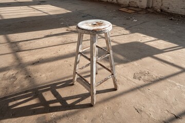 White wooden stool standing alone on a dirty concrete floor in an empty, crumbling building