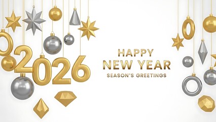 Happy 2026 New Year greetings with elegant gold and silver hanging ornaments