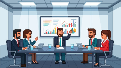 Business meeting with charts and graphs presented by a leader in a conference room, fostering collaboration and strategic planning among diverse professionals