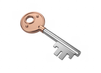 Metal key with copper and silver on black shiny isolated on a transparent background