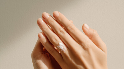 A woman's hand is covered in lotion