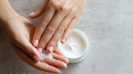 A woman is applying lotion to her hands