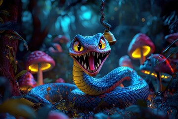 Animated blue serpent monster in a glowing mushroom forest at night with sharp fangs