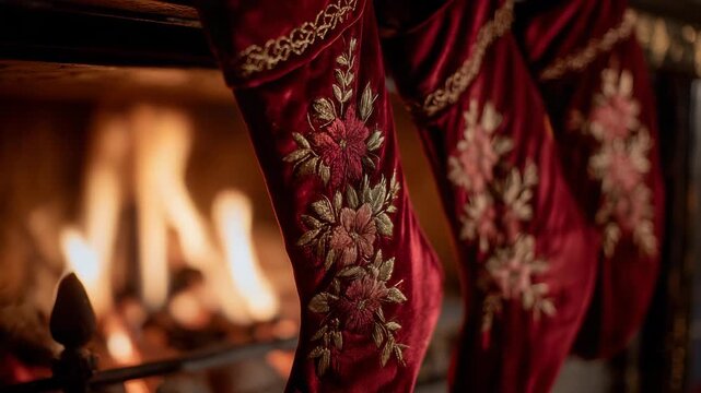 Side-angle macro of three stockings, rich red texture with embroidered patterns, hanging gracefully above the glowing hearth, shadows creating depth and cozy atmosphere.