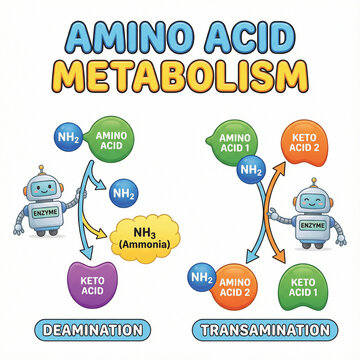 Amino acid metabolism, highlighting deamination and transamination reactions that convert amino acids into keto acids and ammonia through enzyme-mediated processes. 