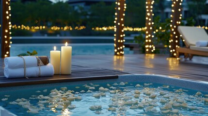 Relaxing Spa Experience with Candles and Floating Petals at Night