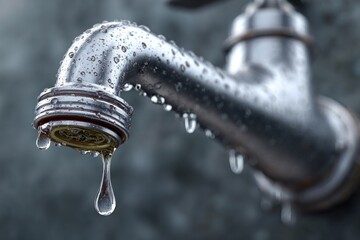 Close-up of a metal faucet leaking water, symbolizing waste and scarcity