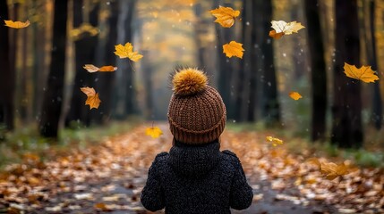 Child Enjoying Autumn Leaves in a Scenic Forest Trail