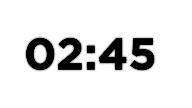 Animation of glowing 3 minute countdown timer .3 minute stopwatch , analog neon clock icon animation on white background .