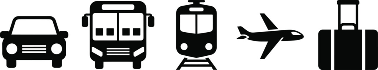 Set of black transportation silhouettes featuring car bus train airplane and luggage icons isolated on white background flat vector illustration © Galib