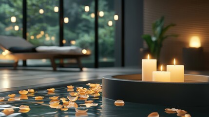 Tranquil Spa Environment with Floating Candles and Petals