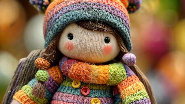 A cute felt girl doll displayed in a green, lush garden, creating a charming, playful, and heartwarming atmosphere surrounded by nature.