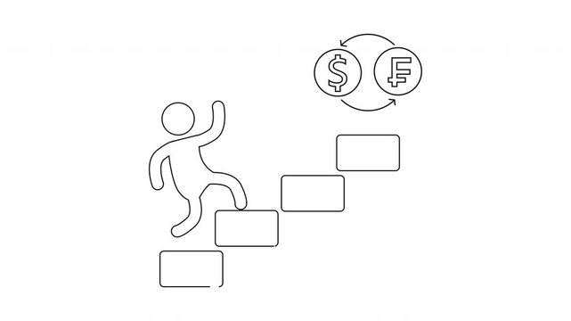 Figure ascends steps towards currency exchange icon in monochrome design