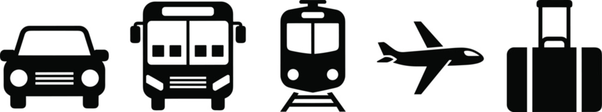 Set of black transportation silhouettes featuring car bus train airplane and luggage icons isolated on white background flat vector illustration