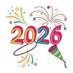 Obraz premium Colorful Happy New Year 2026 celebration banner with fireworks and party popper. Modern playful New Year greeting card featuring bright colors and party elements.