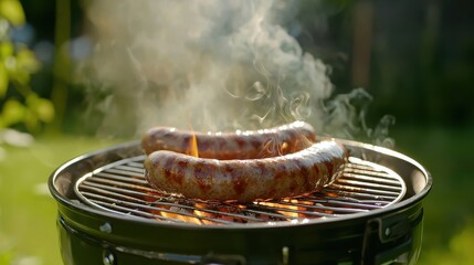 Grilled Sausages on a Barbecue with Smoke in Outdoor Setting