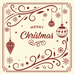 Naklejka premium Elegant vintage Merry Christmas greeting card with hand drawn line art ornaments. Classic Victorian style holiday border design with festive hanging decorations and stars.