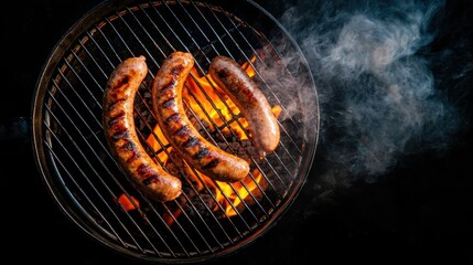 Grilled Sausages Cooking on Charcoal Barbecue with Smoke and Flame