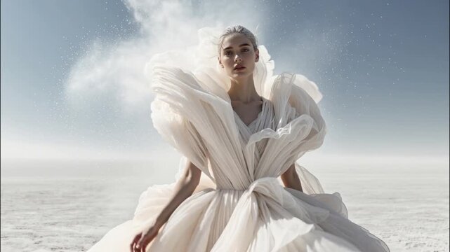 Video of beautiful fashion model standing in  white desert and wearing haute couture dress made entirely of white powder and silk for fashion editorial magazine.Slow motion.AI Generative.
