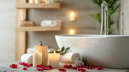 Relaxing Spa Setting with Candles, Towels, and Rose Petals Decor