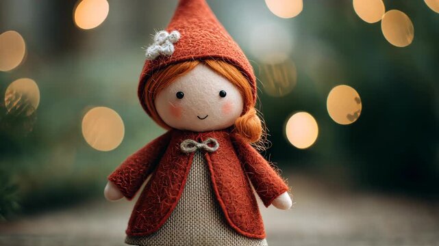 A cute felt girl doll displayed in a green, lush garden, creating a charming, playful, and heartwarming atmosphere surrounded by nature.