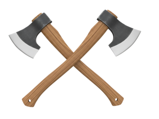 Two Crossed Wooden Handle Axes Tool for Woodworking Isolated on transparent background, png