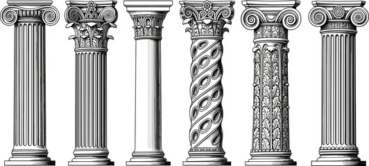 Classical column silhouette collection, ancient architectural pillars set, roman greek decorative elements, historical building details, cad drawing flat vector illustration