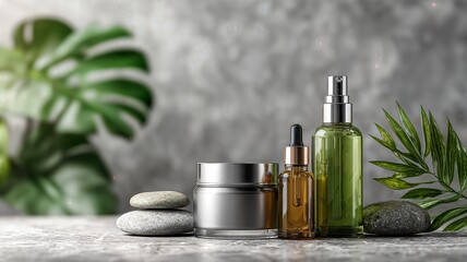 Natural skincare products including cosmetic jar, dropper bottle, and spray bottle displayed on stone surface with tropical leaves and zen pebbles for a serene spa concept with copy space.