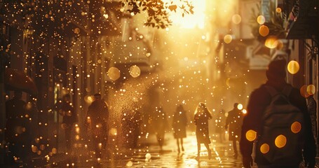 Golden Hour Urban Stroll: Silhouette of individuals, bathed in the warmth of the golden hour, traverse a bustling urban street. Capturing a moment of daily life.