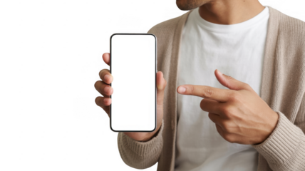 Man holding smartphone with white screen and pointing hand isolated on a transparent background