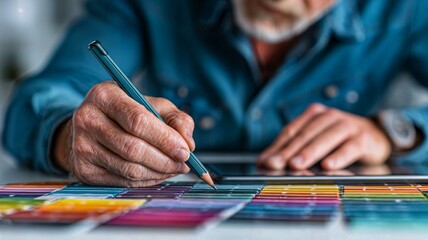 Close-up of a persons hand holding a pencil over a vibrant color swatch palette, meticulously selecting shades for a design or art project with selective focus.