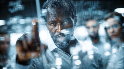 Focused African American man interacting with a virtual screen, pointing his finger in a high-tech environment with soft bokeh and blurred colleagues.