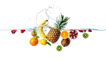 Panoramic Fresh Tropical Fruits Submerged with Water Splashes and Bubbles on White