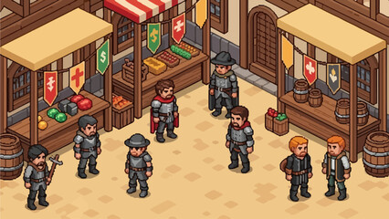 Medieval Marketplace Scene with Knights and Merchants
